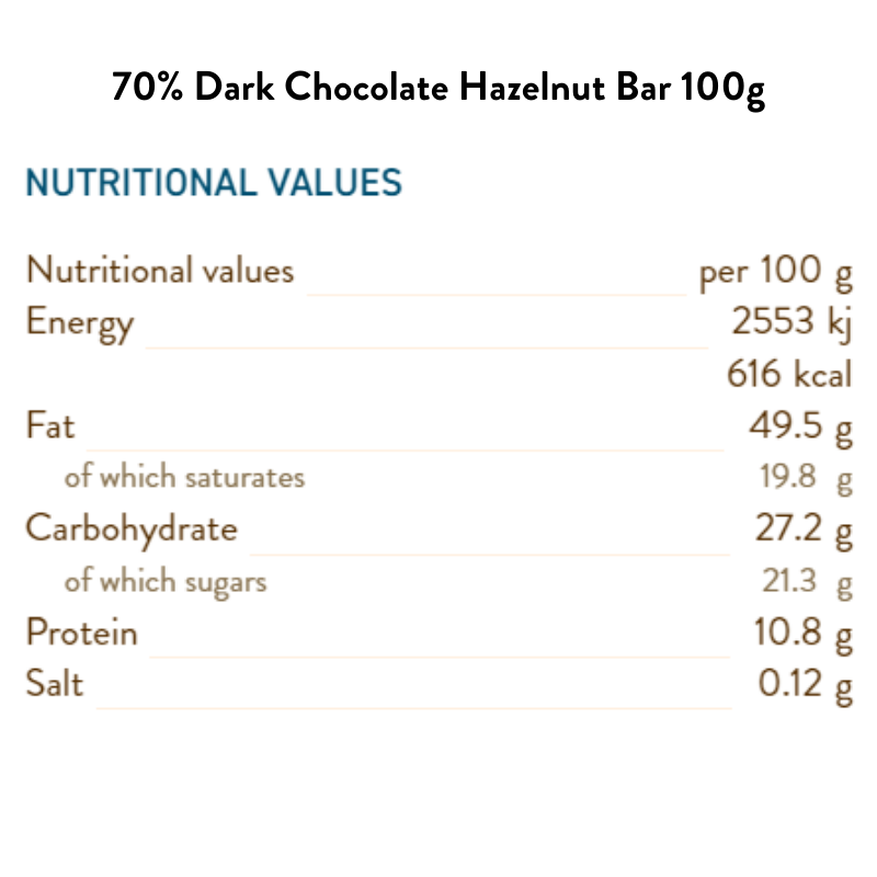 70% Dark Chocolate Bar with Hazelnuts 100G