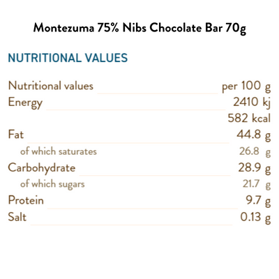 Montezuma 75% Nibs Chocolate Bar 70G