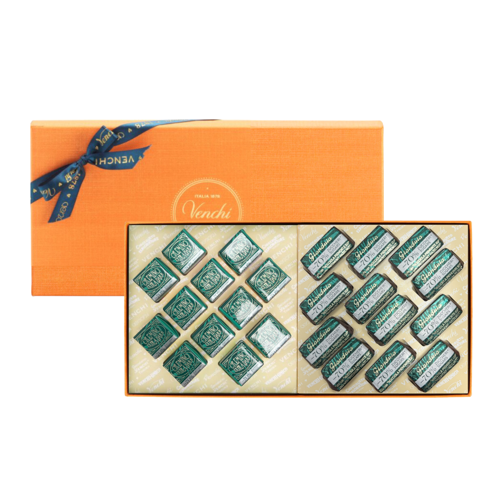 70% less sugar Giandujotti And Cremini Baroque Orange Rectangular Box